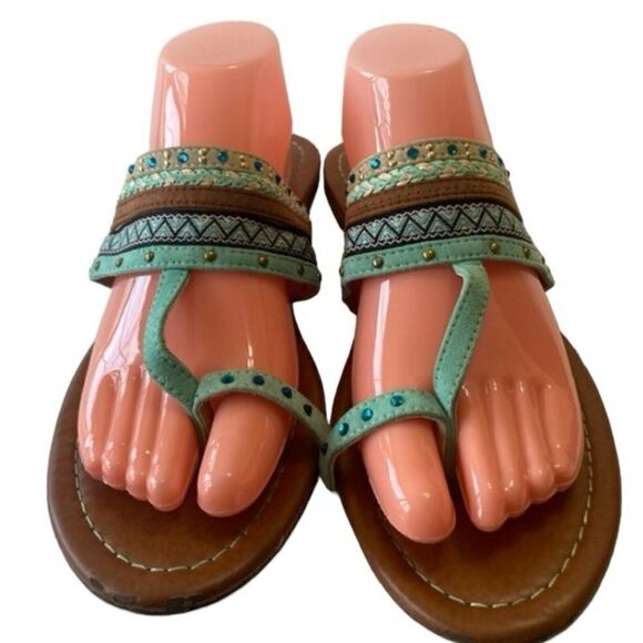 Aloha Island Sz 10M Turquoise Blue Brown Embellished Thong Sandals Slides Shoes - Picture 2 of 8